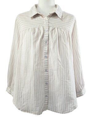 Michael Stars 100% Cotton White Tan Stripe Button-Up Shirt Beachy Boho